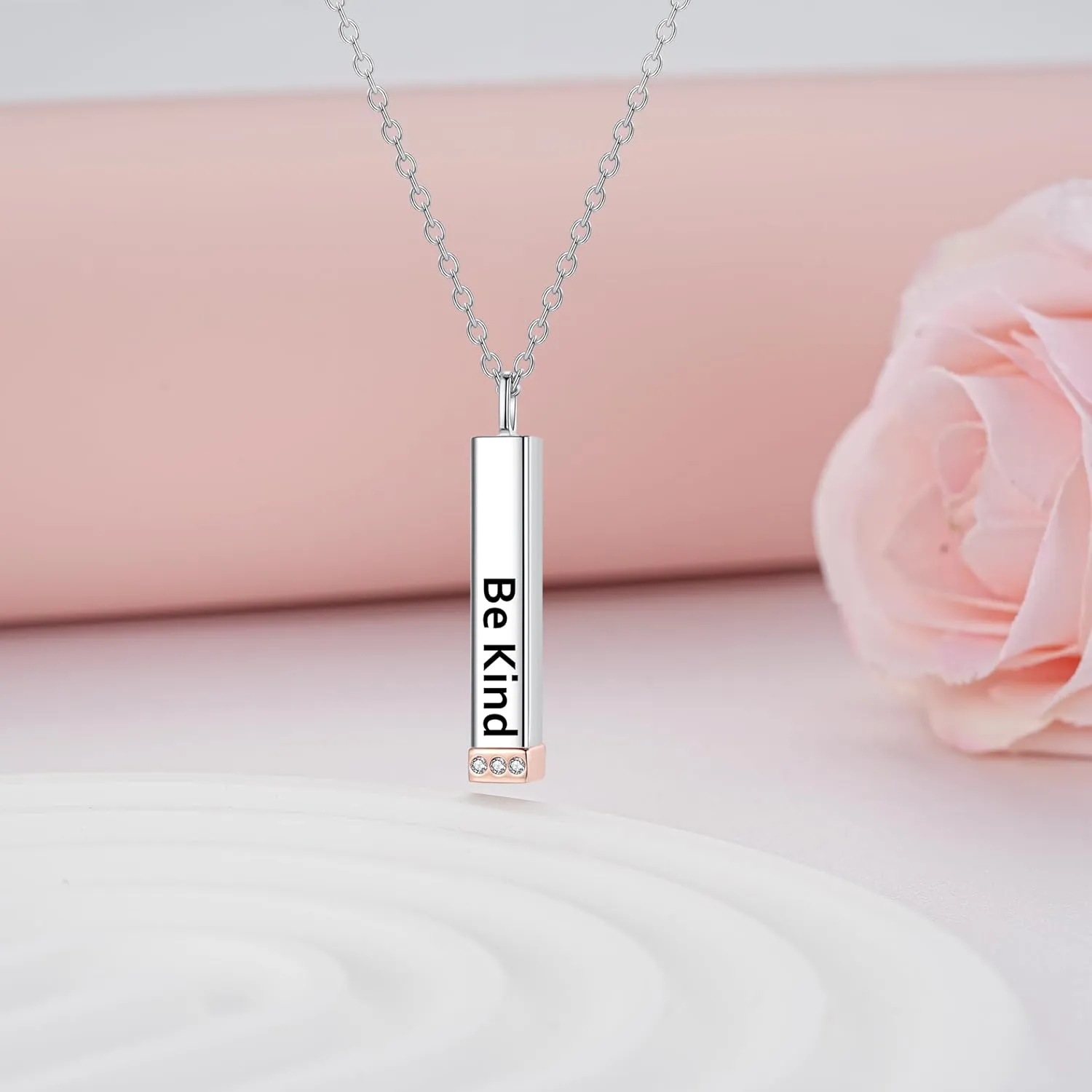 Be Kind of A B Necklace for Women: 925 Sterling Silver Hidden Message Necklace-Rose Gold/14k Gold/Silver 3D Vertical Bar Pendant Best Friends Sisters Friendship Sorority Jewelry Gifts