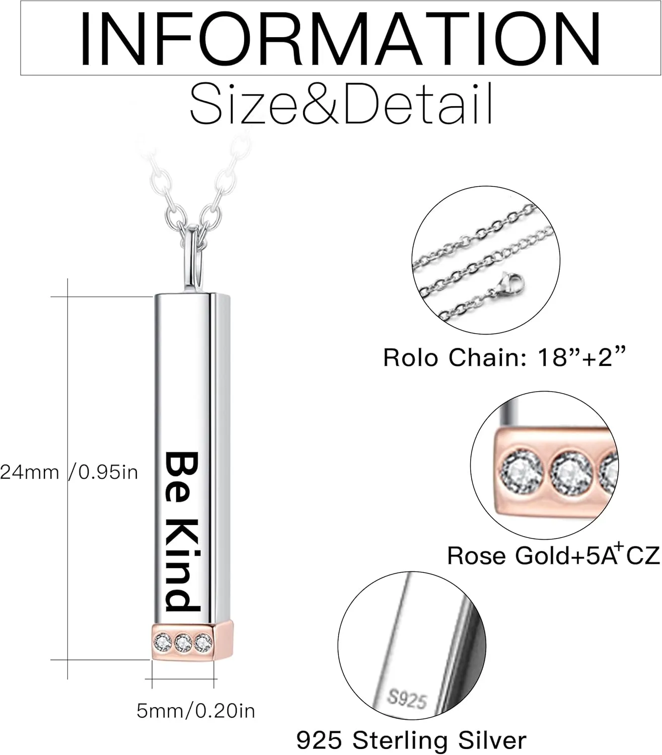 Be Kind of A B Necklace for Women: 925 Sterling Silver Hidden Message Necklace-Rose Gold/14k Gold/Silver 3D Vertical Bar Pendant Best Friends Sisters Friendship Sorority Jewelry Gifts