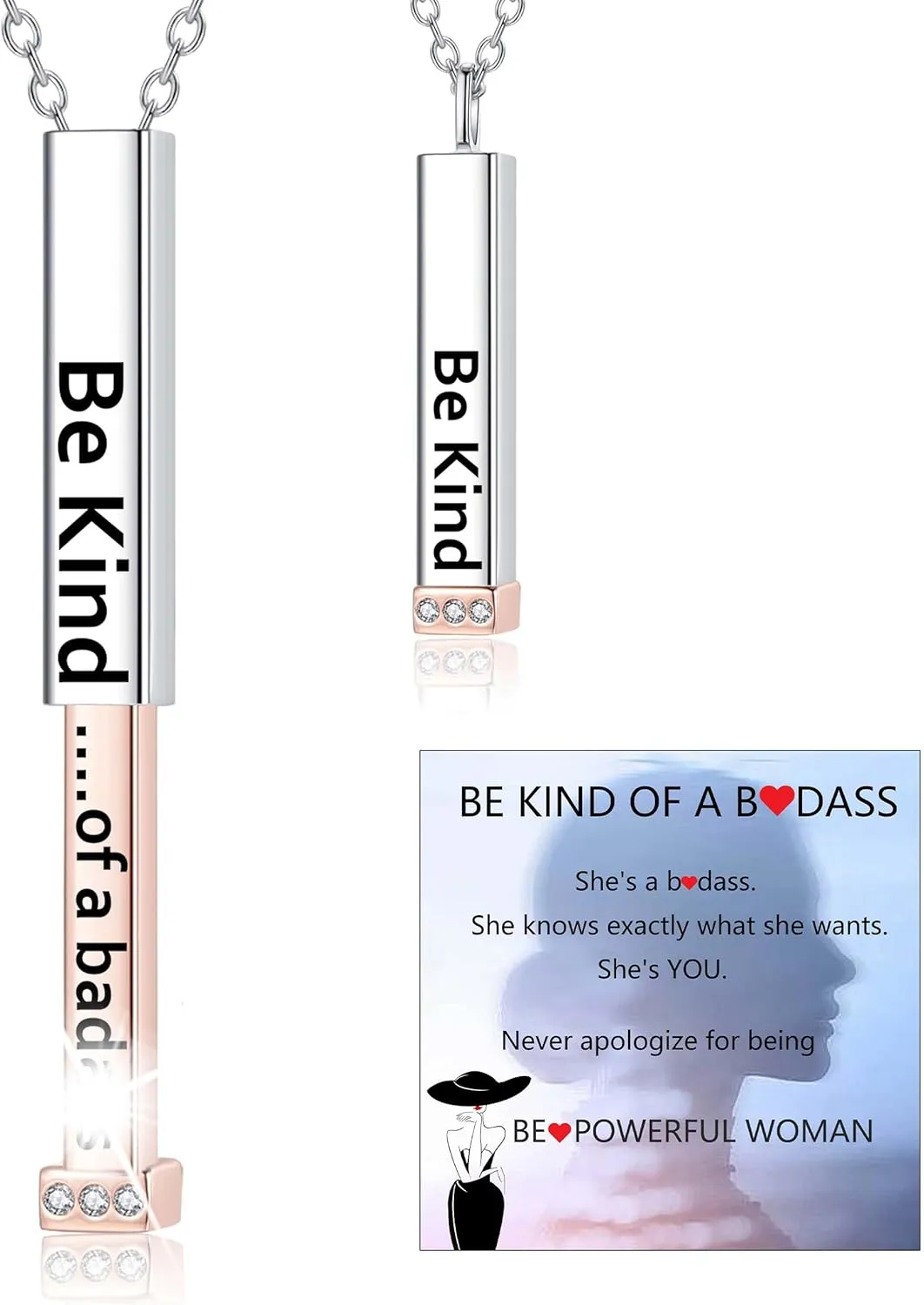 Be Kind of A B Necklace for Women: 925 Sterling Silver Hidden Message Necklace-Rose Gold/14k Gold/Silver 3D Vertical Bar Pendant Best Friends Sisters Friendship Sorority Jewelry Gifts