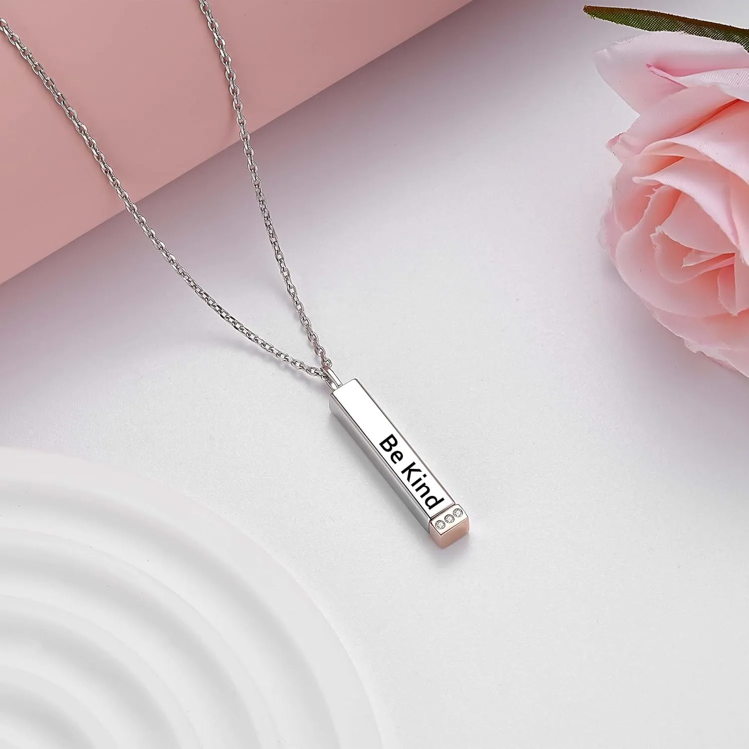 Be Kind of A B Necklace for Women: 925 Sterling Silver Hidden Message Necklace-Rose Gold/14k Gold/Silver 3D Vertical Bar Pendant Best Friends Sisters Friendship Sorority Jewelry Gifts
