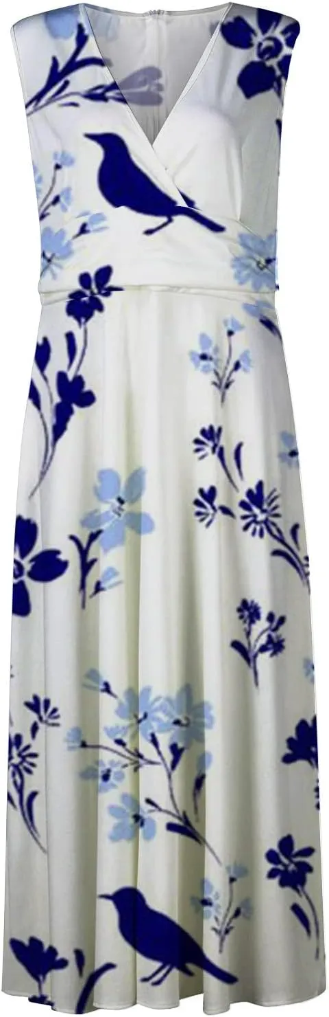 Beach Dresses for Women Deep V Neck Sleeveless Elegant Long Dress Casual Floral Swing Dresses Maxi Cute Sexy Dress