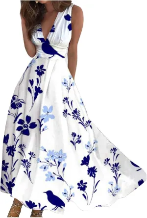 Beach Dresses for Women Deep V Neck Sleeveless Elegant Long Dress Casual Floral Swing Dresses Maxi Cute Sexy Dress
