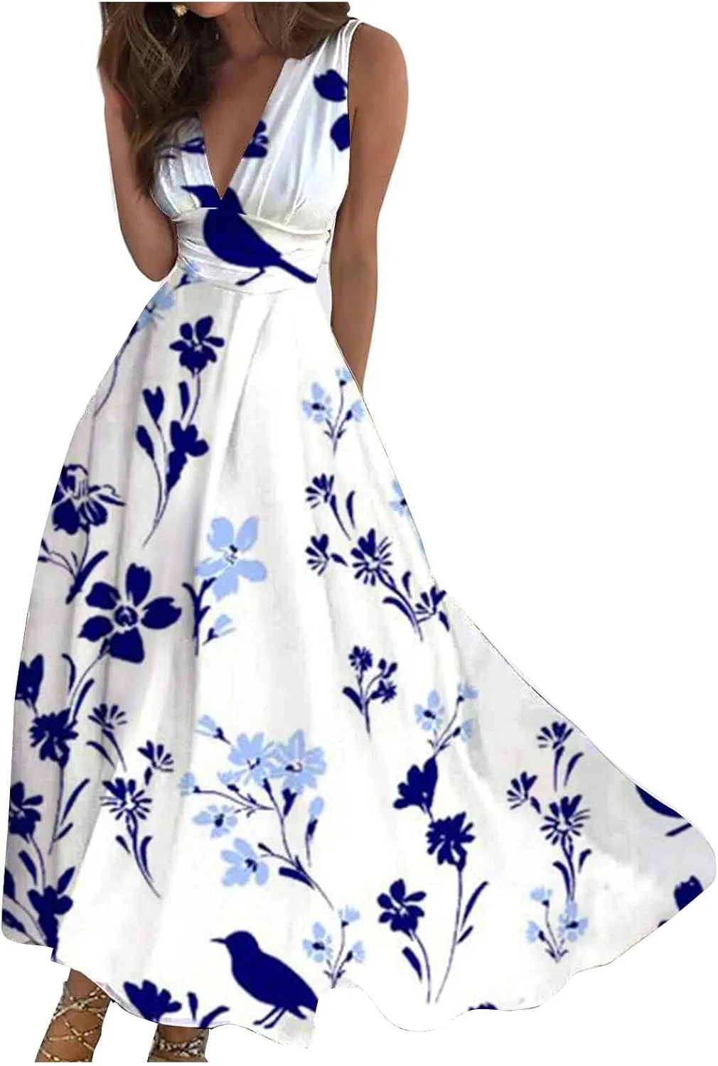 Beach Dresses for Women Deep V Neck Sleeveless Elegant Long Dress Casual Floral Swing Dresses Maxi Cute Sexy Dress