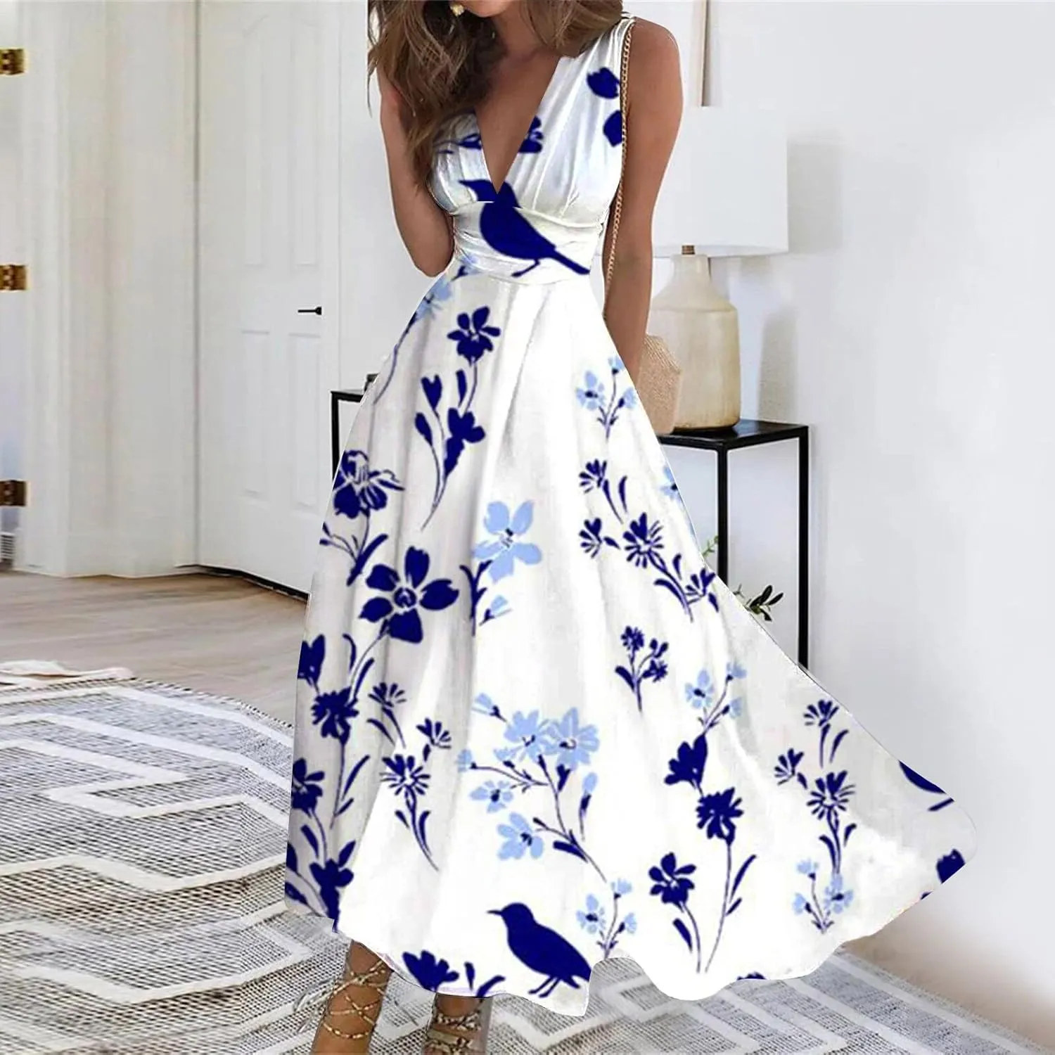 Beach Dresses for Women Deep V Neck Sleeveless Elegant Long Dress Casual Floral Swing Dresses Maxi Cute Sexy Dress