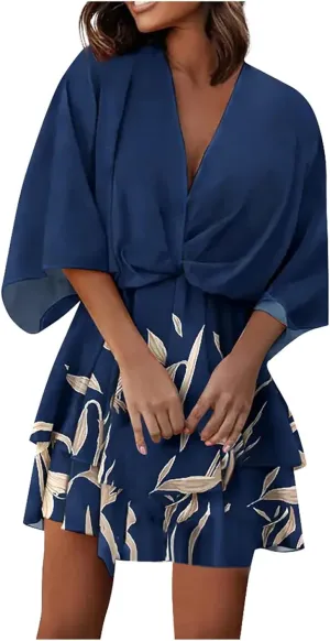 Beach Summer Dresses for Women 2025 Trendy Casual Sundress Ruffle Hawaiian Vacation Mini Dress V Neck Batwing Sleeve