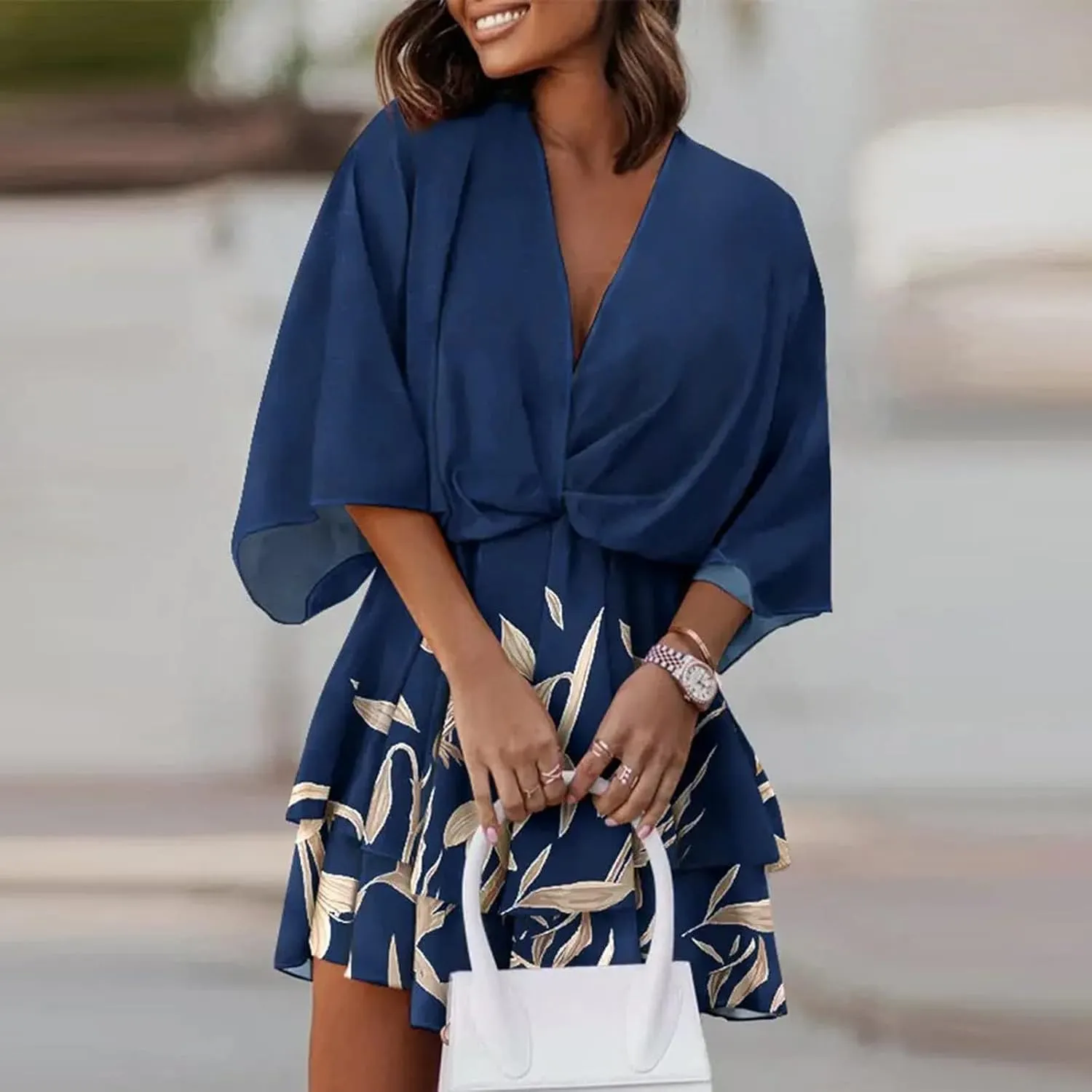 Beach Summer Dresses for Women 2025 Trendy Casual Sundress Ruffle Hawaiian Vacation Mini Dress V Neck Batwing Sleeve