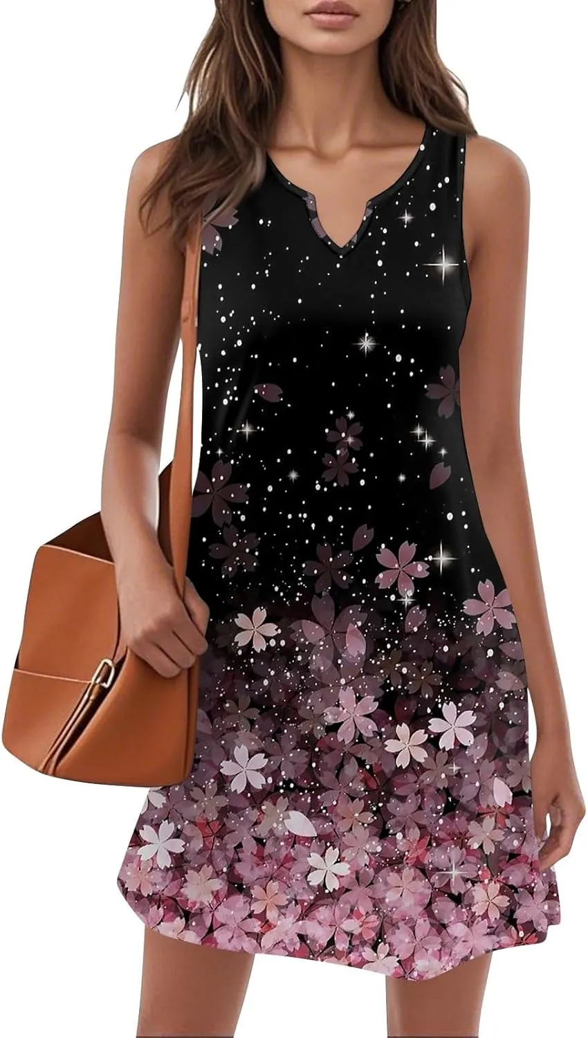 Beachy Dresses for Women 2025 Summer V-Neck Geometric Print Sleeveless Tank Mini Sundress,S-3XL