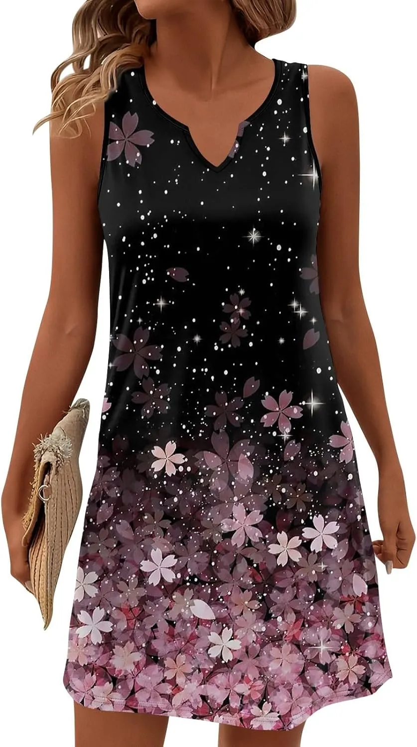 Beachy Dresses for Women 2025 Summer V-Neck Geometric Print Sleeveless Tank Mini Sundress,S-3XL