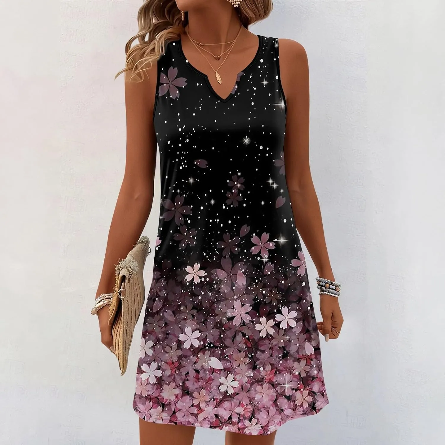 Beachy Dresses for Women 2025 Summer V-Neck Geometric Print Sleeveless Tank Mini Sundress,S-3XL
