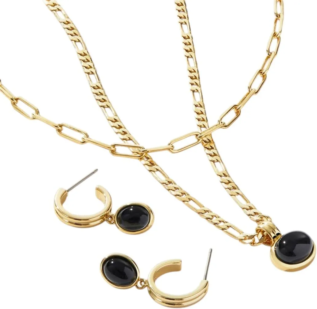 Beautiful Green Dongling Black Jade Natural Stone Necklace With Layered Faggaro Chain Bar 14K True Gold