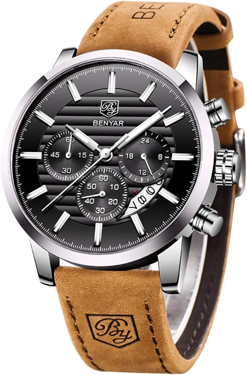 BENYAR Chronograph Waterproof Watches Business and Sport Design Black Leather Band Strap Wrist Watch for Men (Brown Silver Black)