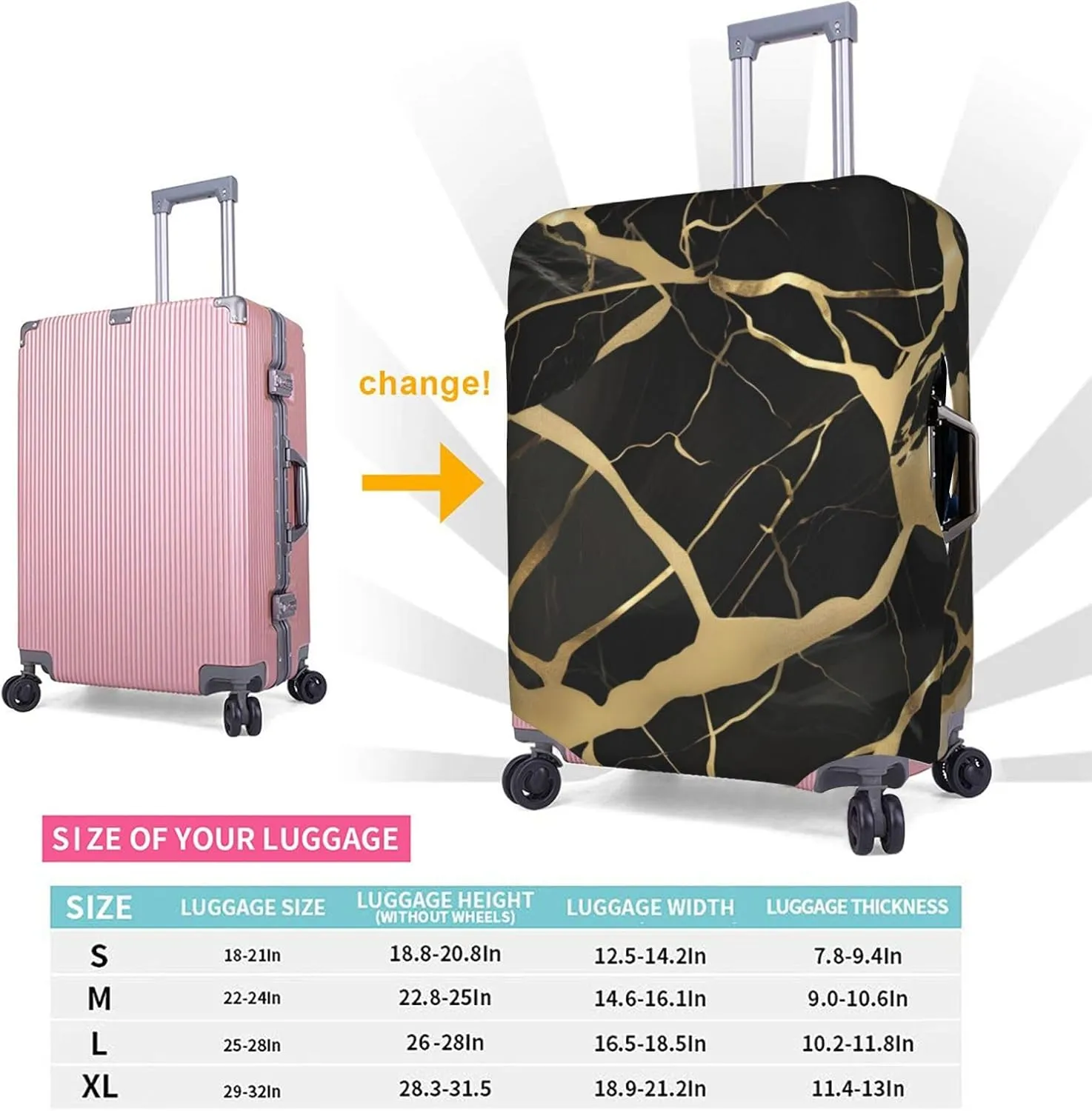 black marble texture gold Print Practical Elastic Washable Travel Luggage Cover with Concealed Zipper for Suitcases