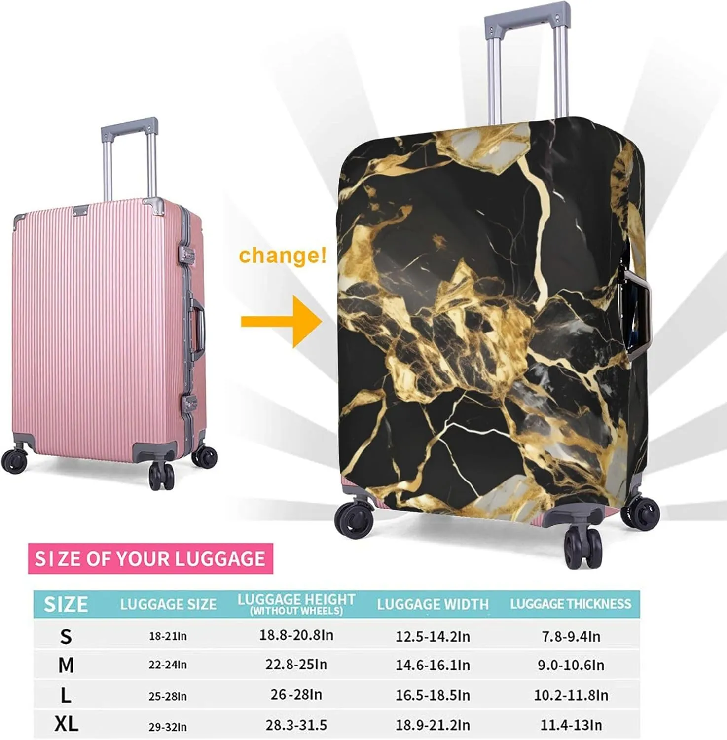 black marble texture golden Print Practical Elastic Washable Travel Luggage Cover with Concealed Zipper for Suitcases