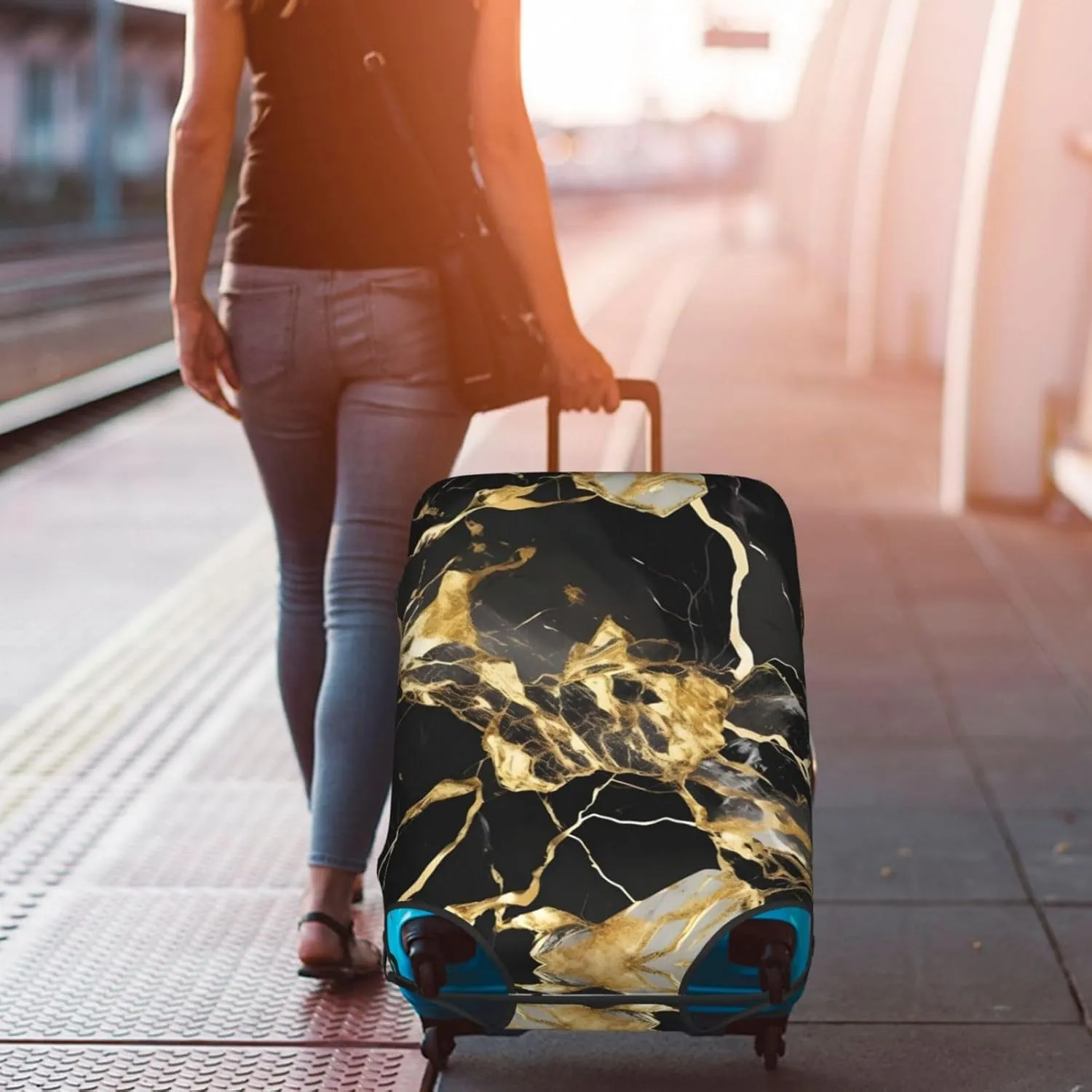 black marble texture golden Print Practical Elastic Washable Travel Luggage Cover with Concealed Zipper for Suitcases