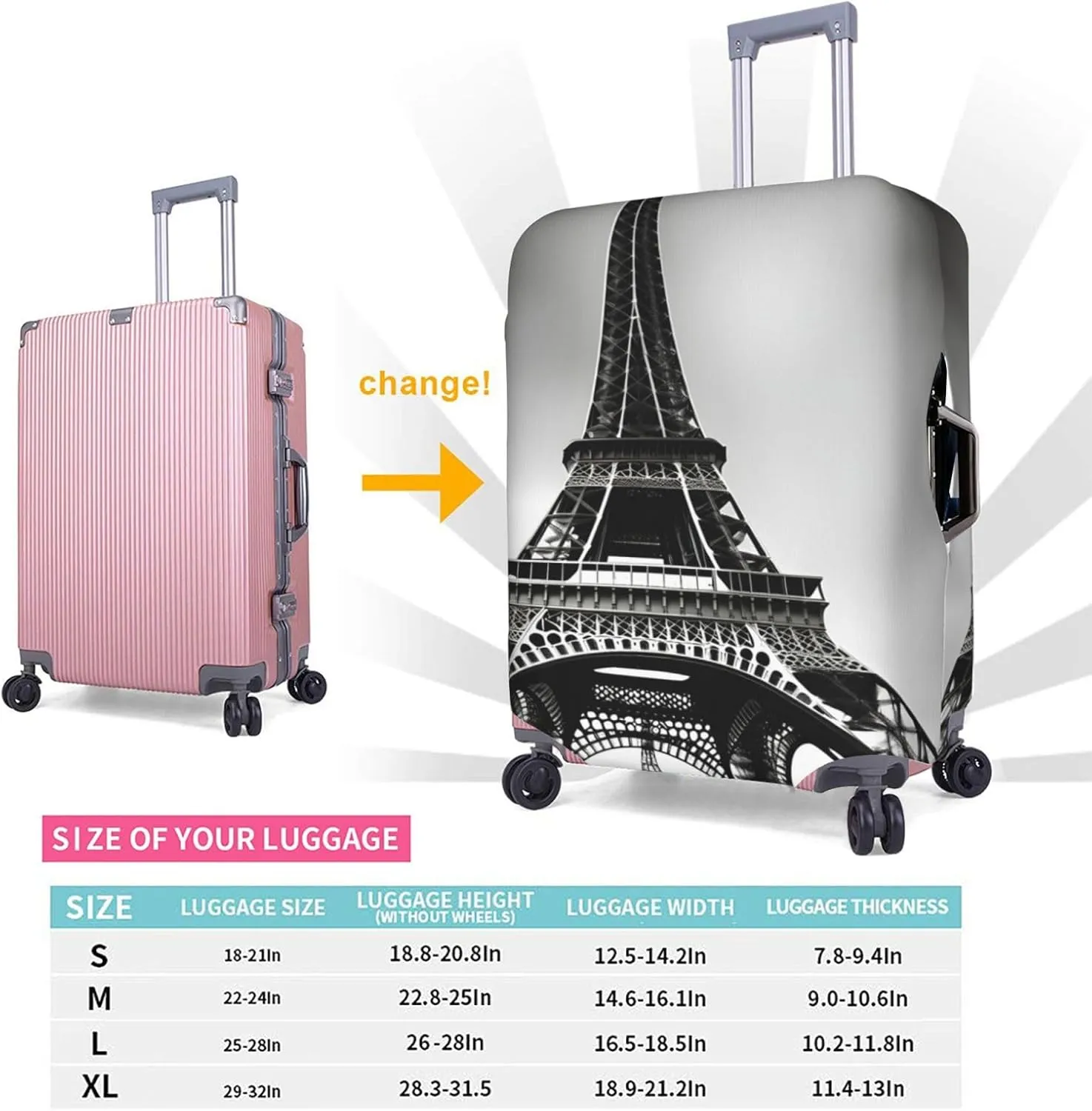 Black Paris Eiffel Tower Print Practical Elastic Washable Travel Luggage Cover with Concealed Zipper for Suitcases