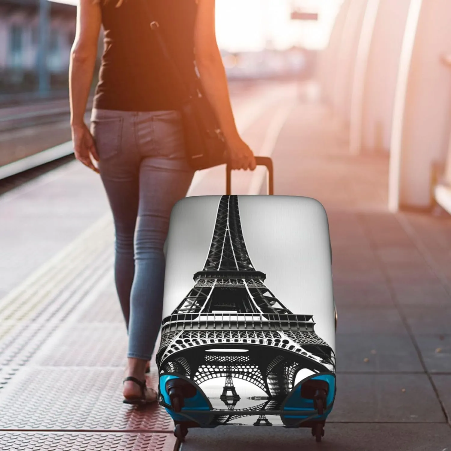 Black Paris Eiffel Tower Print Practical Elastic Washable Travel Luggage Cover with Concealed Zipper for Suitcases