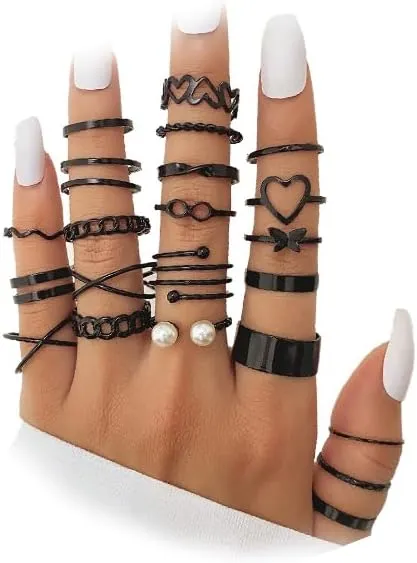 Black Stackable Rings Set for Women,Goth Hollow Heart Butterfly Pearl Finger Rings Boho Statement Ring Pack,Trendy Hallowmas Party Jewelry Gifts