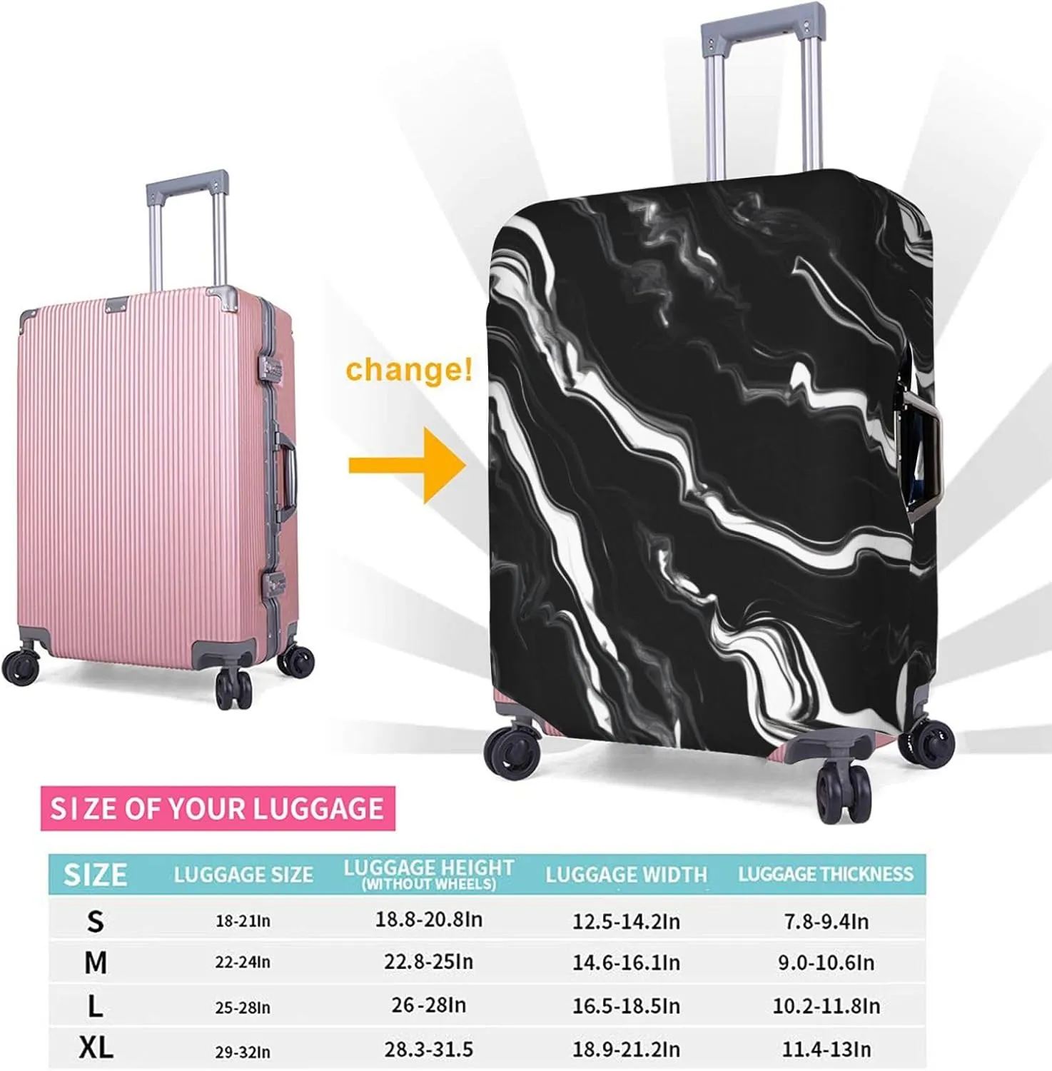 Black white marble print Print Practical Elastic Washable Travel Luggage Cover with Concealed Zipper for Suitcases