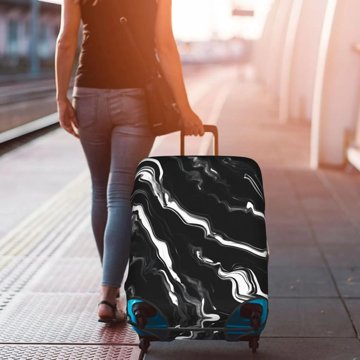 Black white marble print Print Practical Elastic Washable Travel Luggage Cover with Concealed Zipper for Suitcases