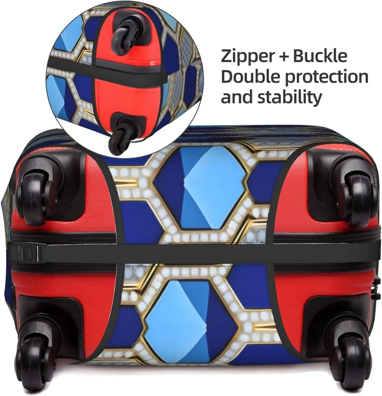 Blue Hexagons and Diamond Print Practical Elastic Washable Travel Luggage Cover with Concealed Zipper for Suitcases