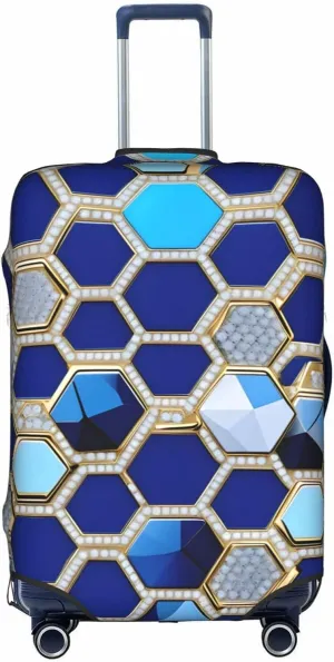 Blue Hexagons and Diamond Print Practical Elastic Washable Travel Luggage Cover with Concealed Zipper for Suitcases
