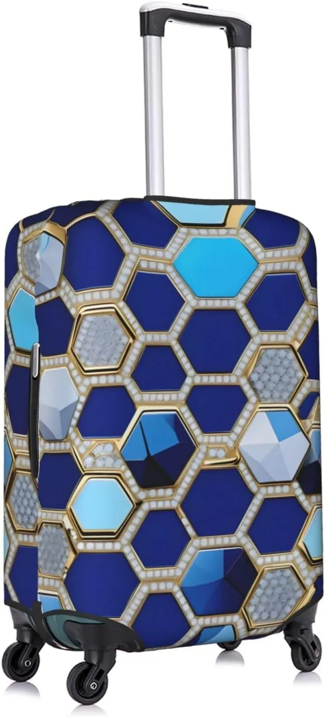 Blue Hexagons and Diamond Print Practical Elastic Washable Travel Luggage Cover with Concealed Zipper for Suitcases
