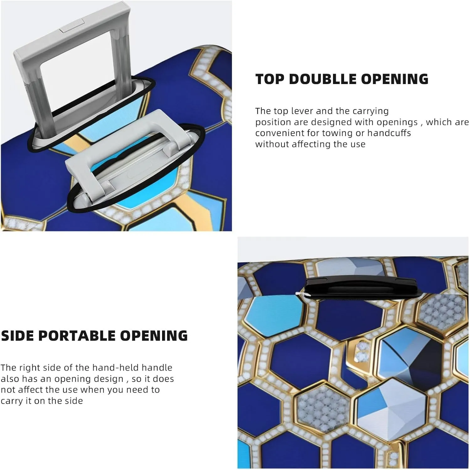 Blue Hexagons and Diamond Print Practical Elastic Washable Travel Luggage Cover with Concealed Zipper for Suitcases