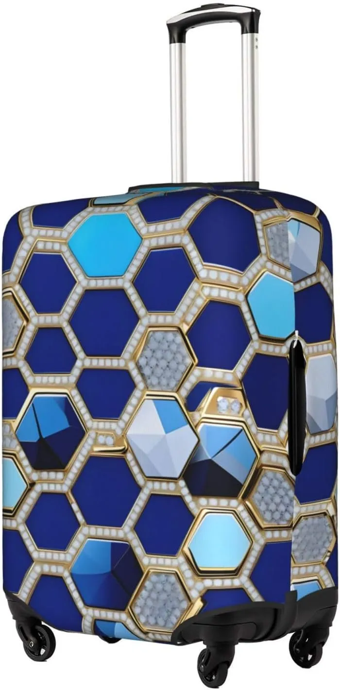 Blue Hexagons and Diamond Print Practical Elastic Washable Travel Luggage Cover with Concealed Zipper for Suitcases