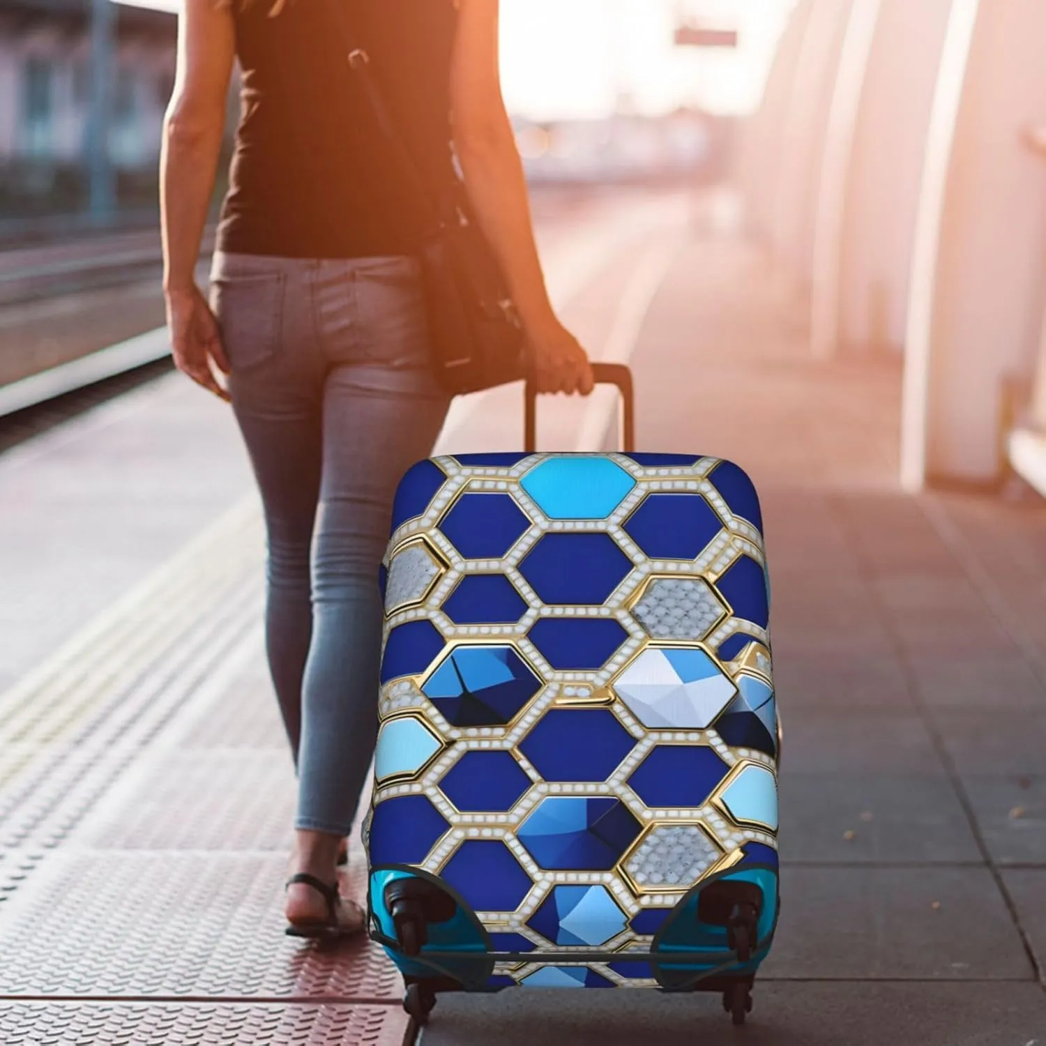 Blue Hexagons and Diamond Print Practical Elastic Washable Travel Luggage Cover with Concealed Zipper for Suitcases