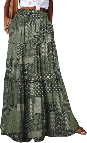 Bohemian Maxi Skirts for Women 2025 Casual Comfy Hippie Tiered Long Pleated Skirt Elastic Waist Boho Flowy Skirt