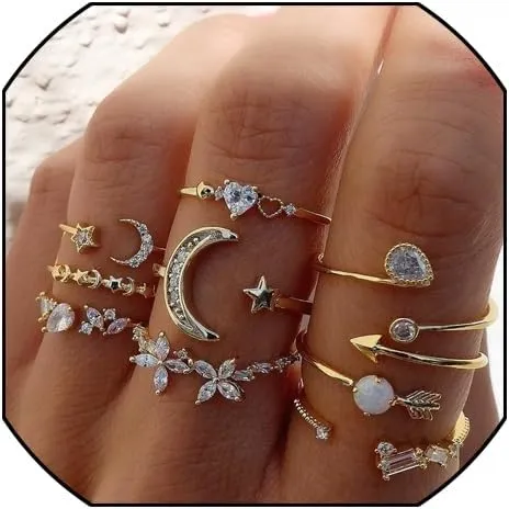 Boho Gold Stacking Rings for Women, Knuckle Stackable Star Moon Flower Joint Finger Rings Set
