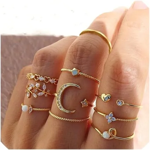 Boho Gold Stacking Rings for Women, Knuckle Stackable Star Moon Flower Joint Finger Rings Set