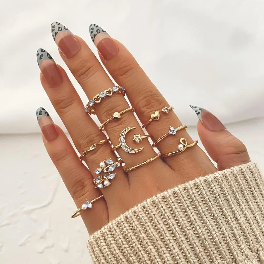 Boho Gold Stacking Rings for Women, Knuckle Stackable Star Moon Flower Joint Finger Rings Set