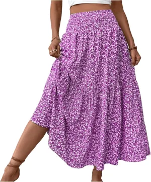 Boho Long Skirts for Women High Elastic Waist Midi Skirt Casual Summer Trendy Tie Ruffle Floral Print A line Skirts
