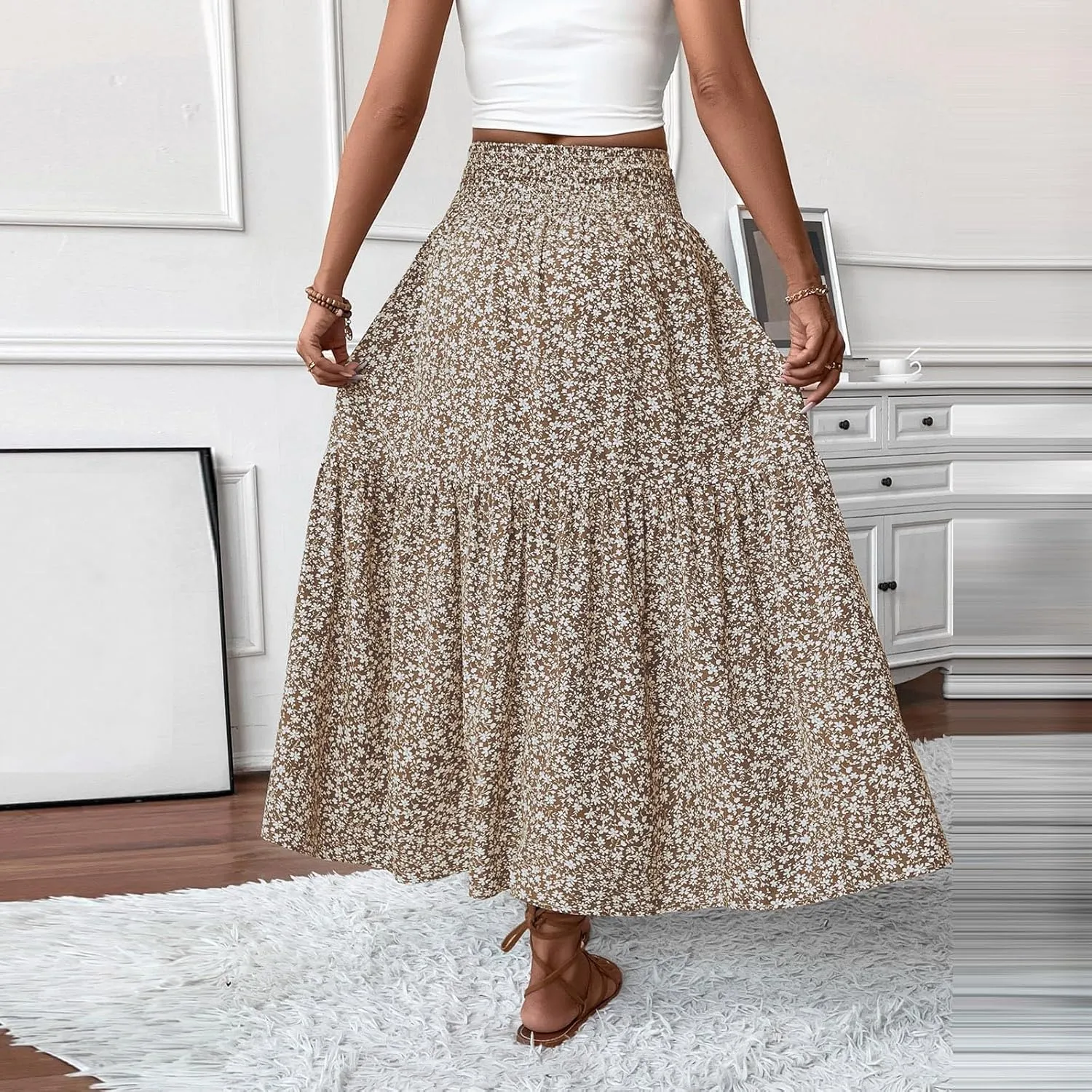 Boho Long Skirts for Women High Elastic Waist Midi Skirt Casual Summer Trendy Tie Ruffle Floral Print A line Skirts