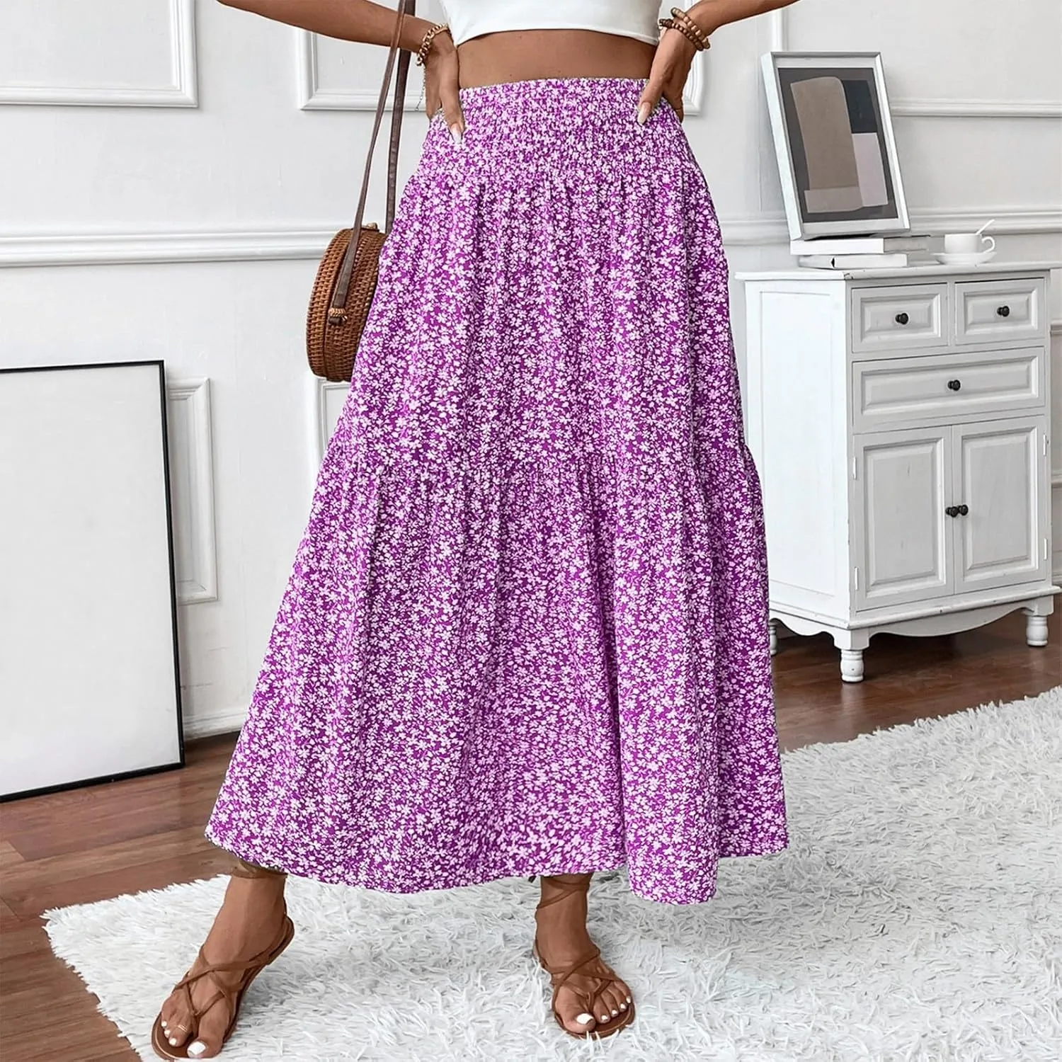 Boho Long Skirts for Women High Elastic Waist Midi Skirt Casual Summer Trendy Tie Ruffle Floral Print A line Skirts