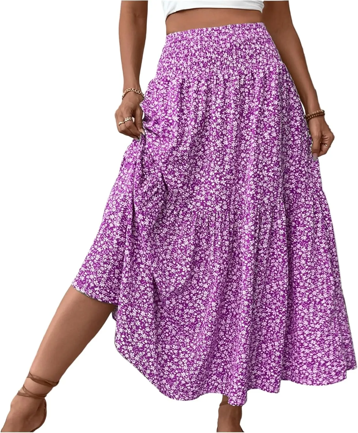 Boho Long Skirts for Women High Elastic Waist Midi Skirt Casual Summer Trendy Tie Ruffle Floral Print A line Skirts
