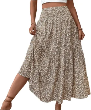 Boho Long Skirts for Women High Elastic Waist Midi Skirt Casual Summer Trendy Tie Ruffle Floral Print A line Skirts