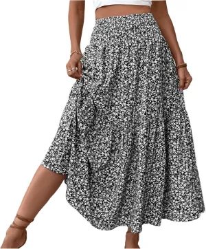 Boho Long Skirts for Women High Elastic Waist Midi Skirt Casual Summer Trendy Tie Ruffle Floral Print A line Skirts