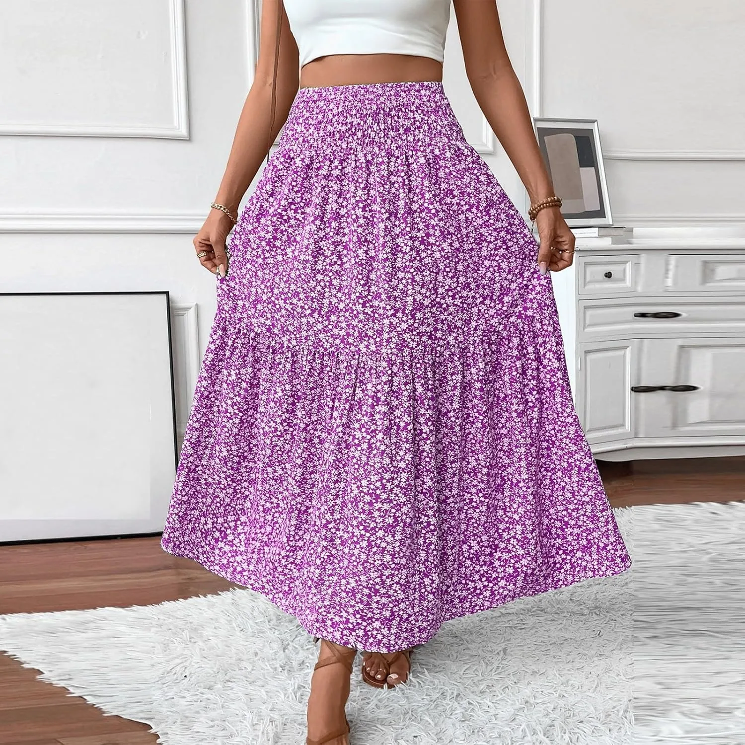 Boho Long Skirts for Women High Elastic Waist Midi Skirt Casual Summer Trendy Tie Ruffle Floral Print A line Skirts