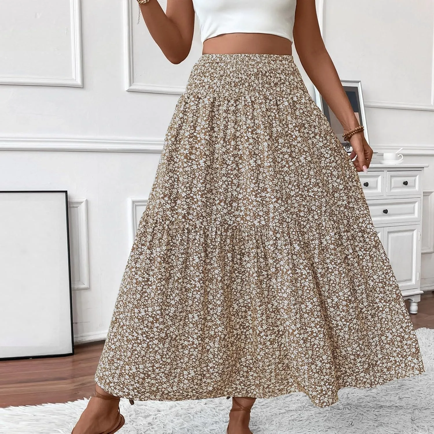 Boho Long Skirts for Women High Elastic Waist Midi Skirt Casual Summer Trendy Tie Ruffle Floral Print A line Skirts