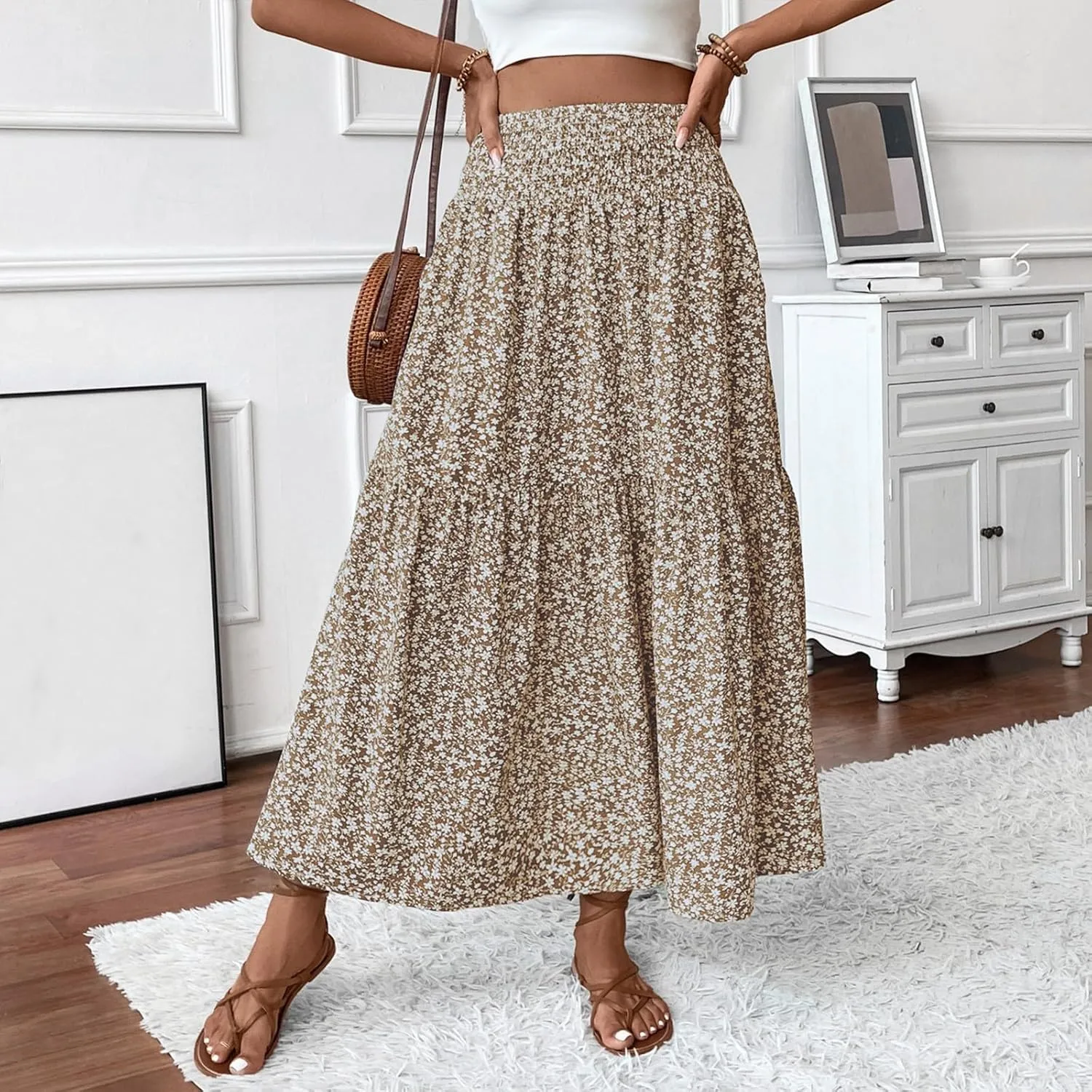 Boho Long Skirts for Women High Elastic Waist Midi Skirt Casual Summer Trendy Tie Ruffle Floral Print A line Skirts