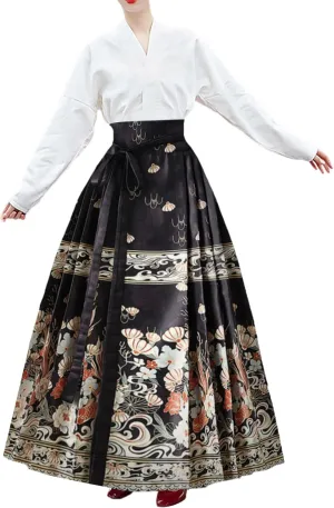 Boho Long Skirts for Women Summer Chiffon Floral Maxi Skirt Flowy High Waist A Line Pleated Skirts Cute Bohemian Beach Dress