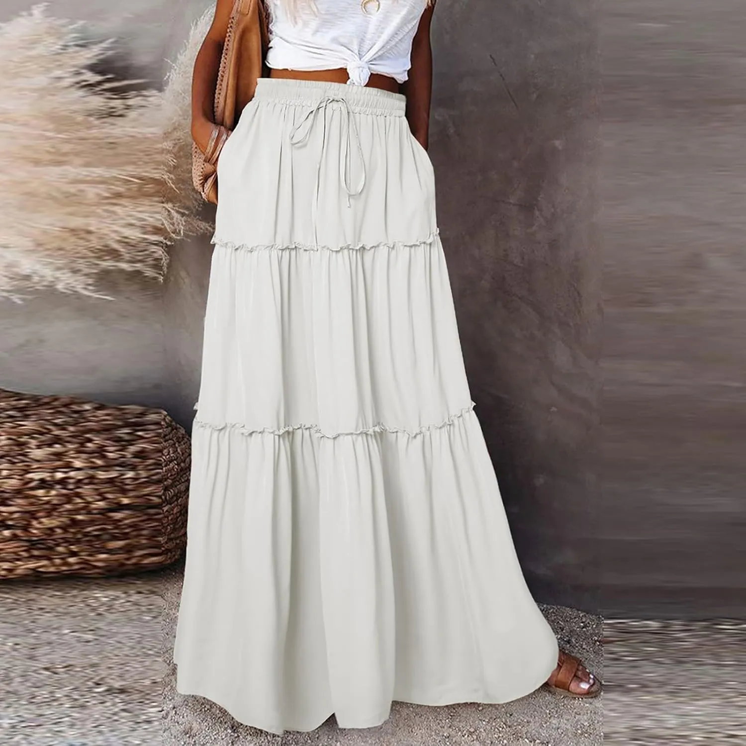 Boho Maxi Skirts for Women Casual High Waisted Tiered A Line Skirt Pleated Ruffle Hem Flowy Long Skirts with Pockets