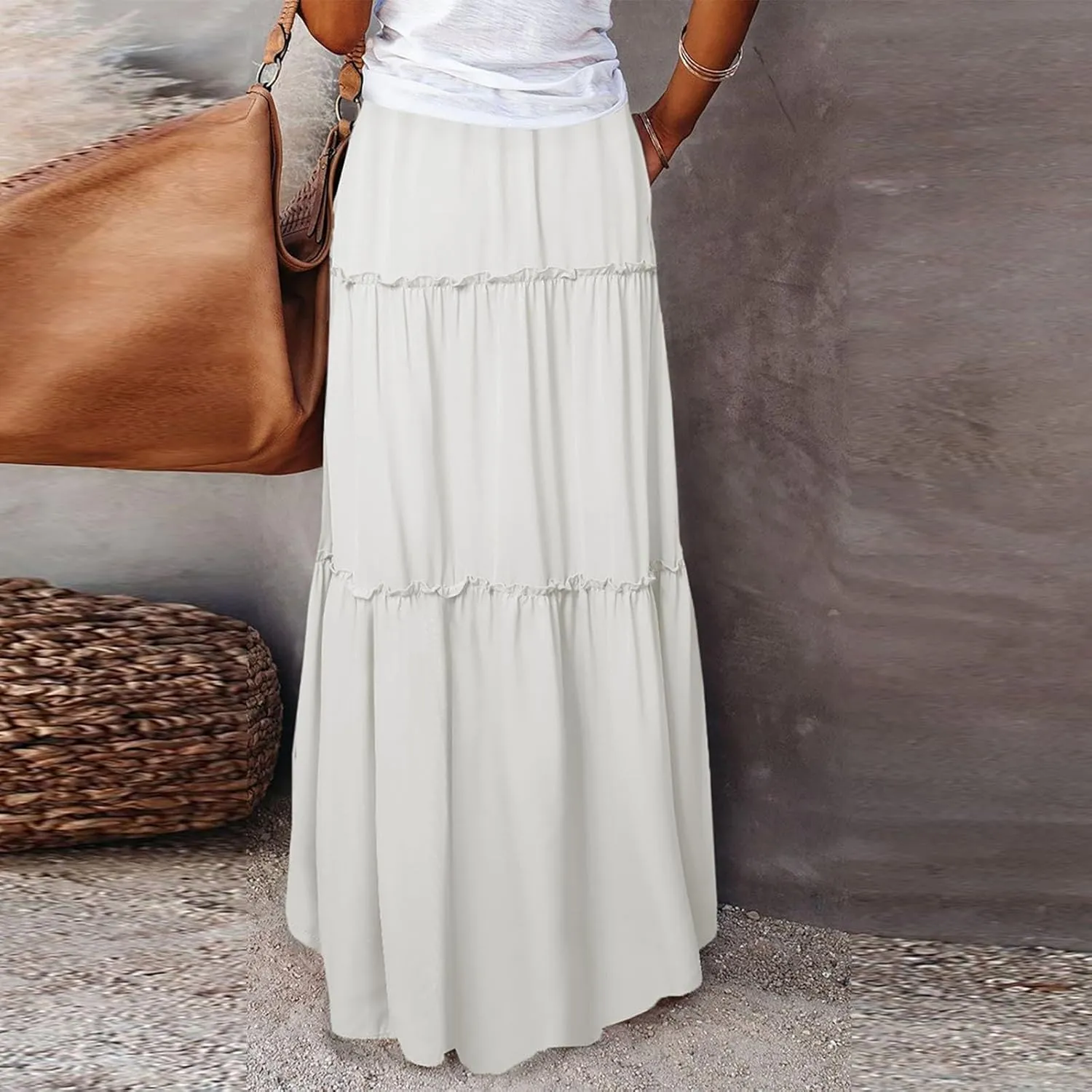Boho Maxi Skirts for Women Casual High Waisted Tiered A Line Skirt Pleated Ruffle Hem Flowy Long Skirts with Pockets
