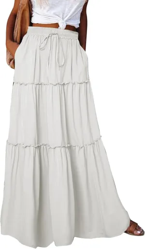Boho Maxi Skirts for Women Casual High Waisted Tiered A Line Skirt Pleated Ruffle Hem Flowy Long Skirts with Pockets