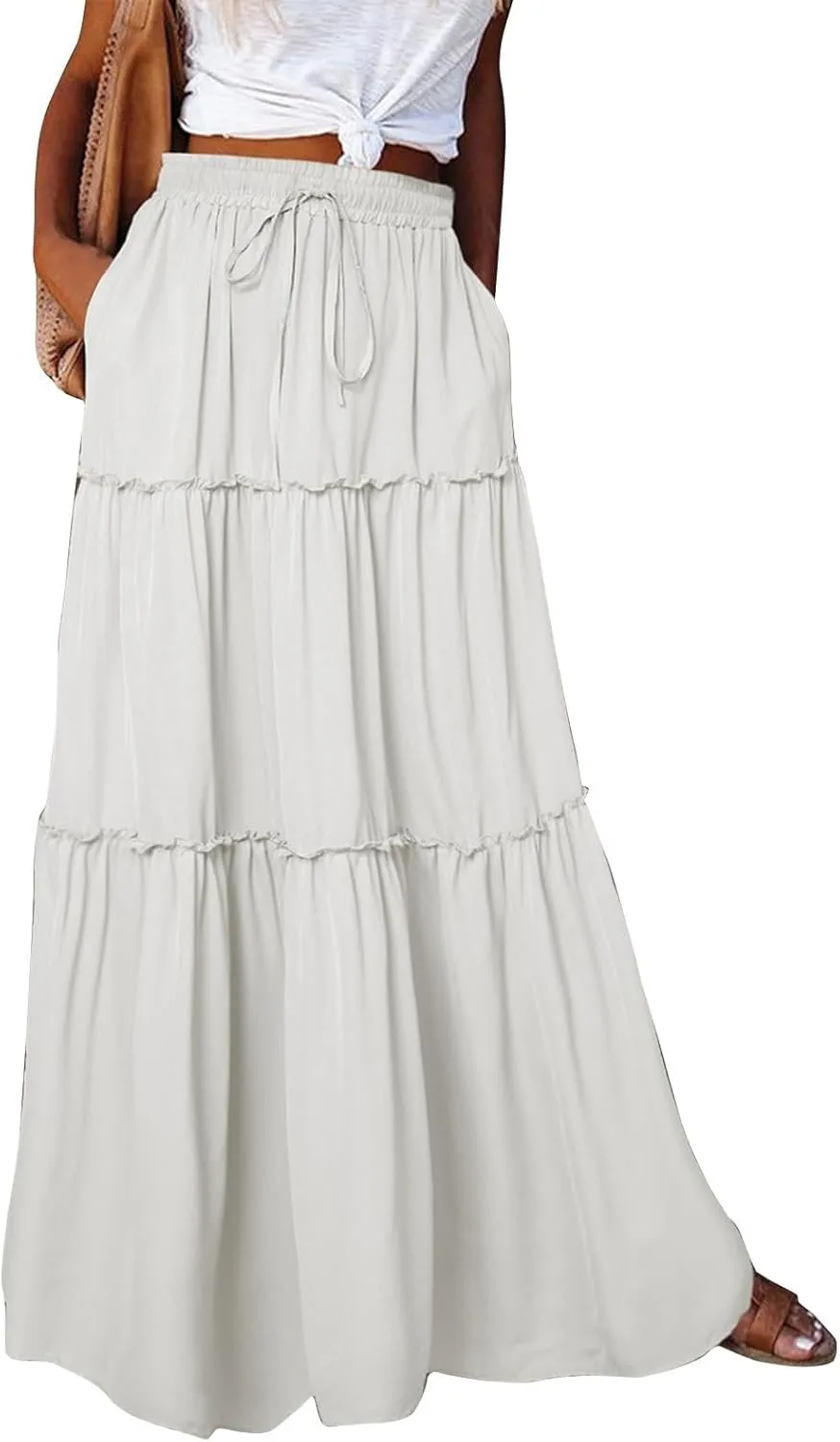 Boho Maxi Skirts for Women Casual High Waisted Tiered A Line Skirt Pleated Ruffle Hem Flowy Long Skirts with Pockets