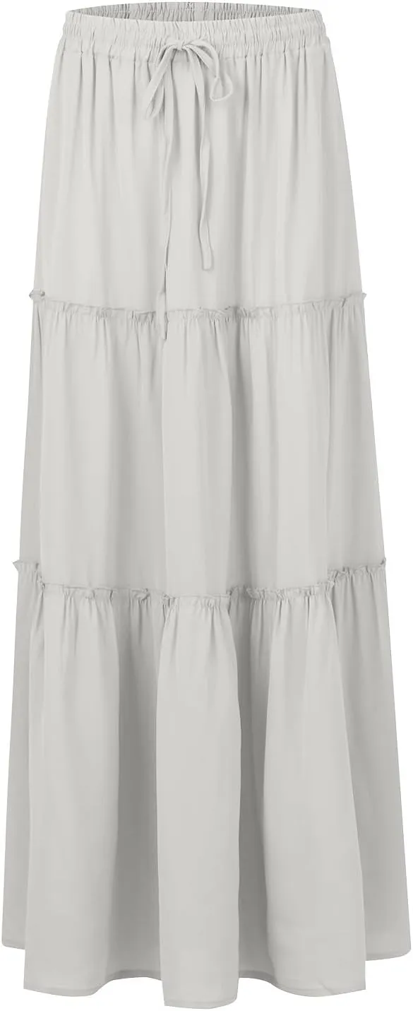 Boho Maxi Skirts for Women Casual High Waisted Tiered A Line Skirt Pleated Ruffle Hem Flowy Long Skirts with Pockets