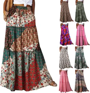 Boho Maxi Skirts for Women Casual High Waisted Tiered A Line Skirt Pleated Ruffle Hem Flowy Long Skirts with Pockets