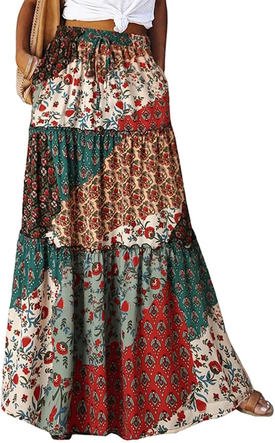 Boho Maxi Skirts for Women Casual High Waisted Tiered A Line Skirt Pleated Ruffle Hem Flowy Long Skirts with Pockets